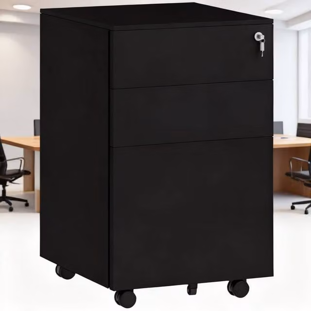 ERGOVEXA Modern Black Metal 3-Drawer Vertical Filing Cabinet with Lock and Castors, W/D/H: 30.0 x 37.0 x 43.5 cm