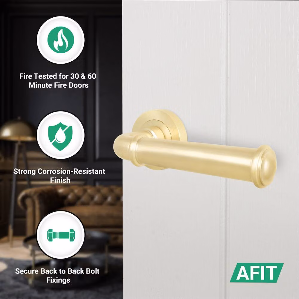AFIT Brass Fire Door Handle Latch Set in Gold with Rosette and Hinges, W x H: 150 x 150 mm – 2