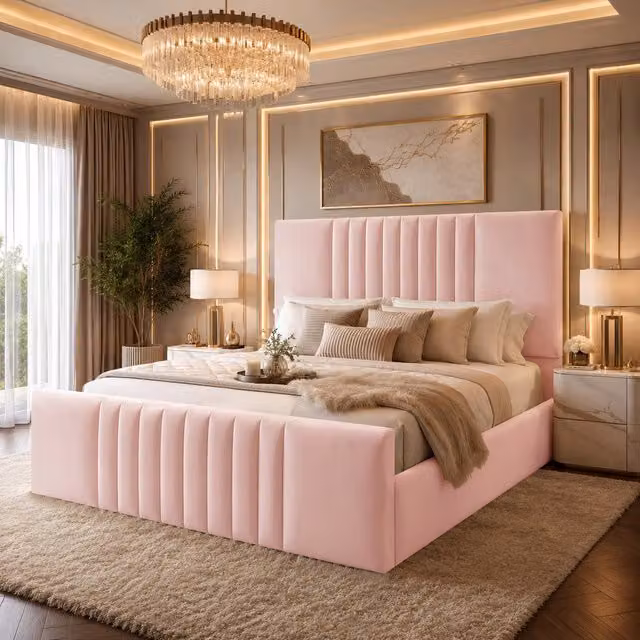 Desire Deco Ashley Plush Velvet Upholstered Panel Bed Frame, Pink, W/D/H: 90 x 190 cm