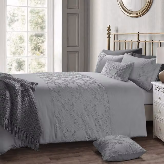 Velosso Shabby Chic Tuft Panel Duvet Set and Pillowcase in Grey, W: 180 cm, D: 200 cm
