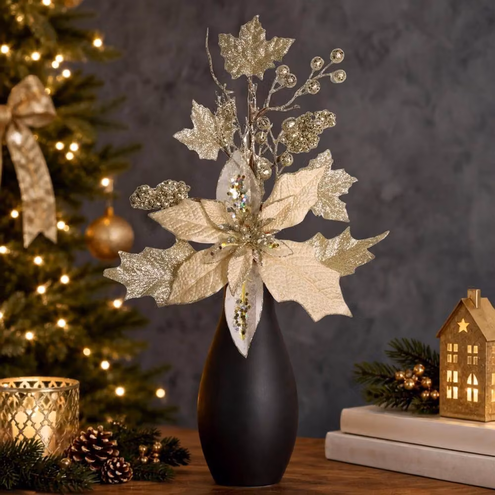 Shatchi Gold Champagne Glitter Poinsettia and Berry Christmas Picks, 6 Pack, Height: 46 cm – 2