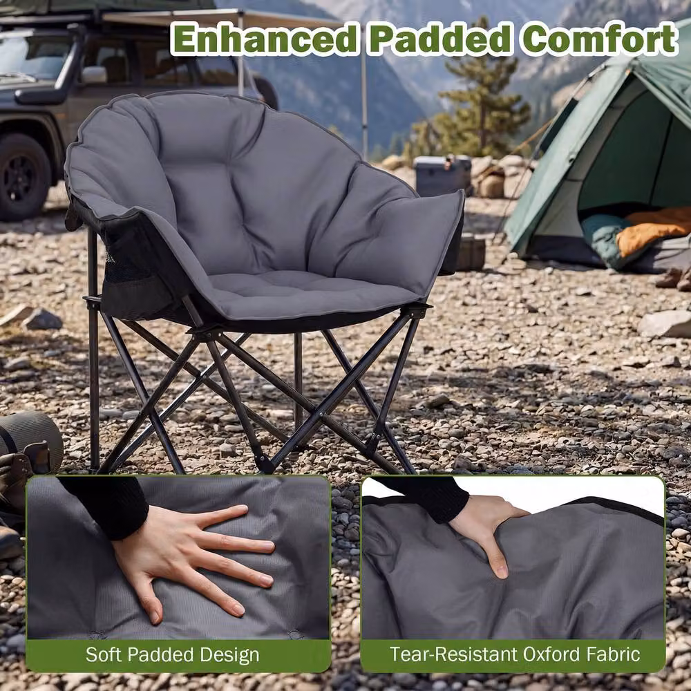 Costway Oversized Folding Camping Chair with Padded Seat and Cup Holder in Grey – 5