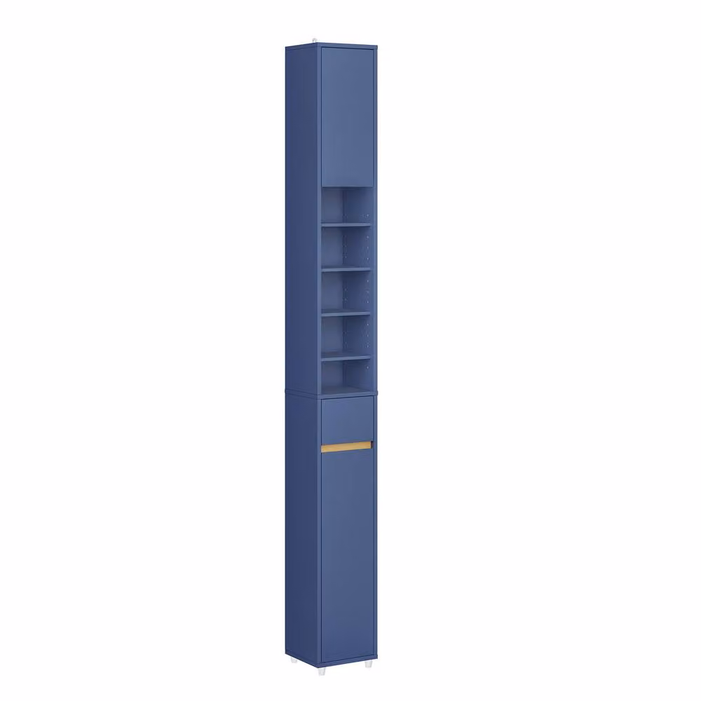 SoBuy Slim Blue Bathroom Tall Cabinet with Soft-Close Hinged Doors and Adjustable Internal Shelves, Height: 180 cm – 2