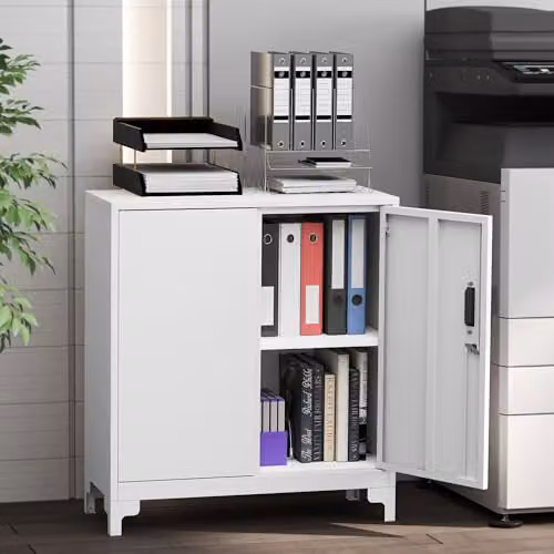 HOMCOM Lockable Metal Filing Cabinet with 2-Tier Storage and Hinged Doors, White, W: 80 cm, D: 35 cm, H: 91 cm – 5
