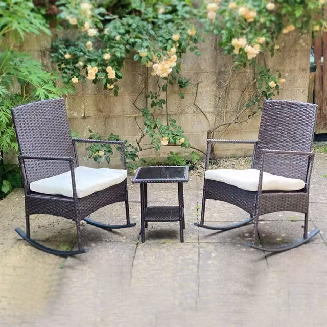 FURNITURE ONE 3-Piece Brown Rattan Outdoor Bistro Set with 2-Seater Sofa, Armchair, Coffee Table and Upholstered Cushions