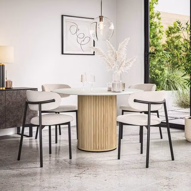 More4Homes Arlo White Marble Top Round Dining Table with Oak Legs and Myla Beige Linen Dining Chairs Set of 4, W/D/H: 120 x 120 x 75 cm – 1