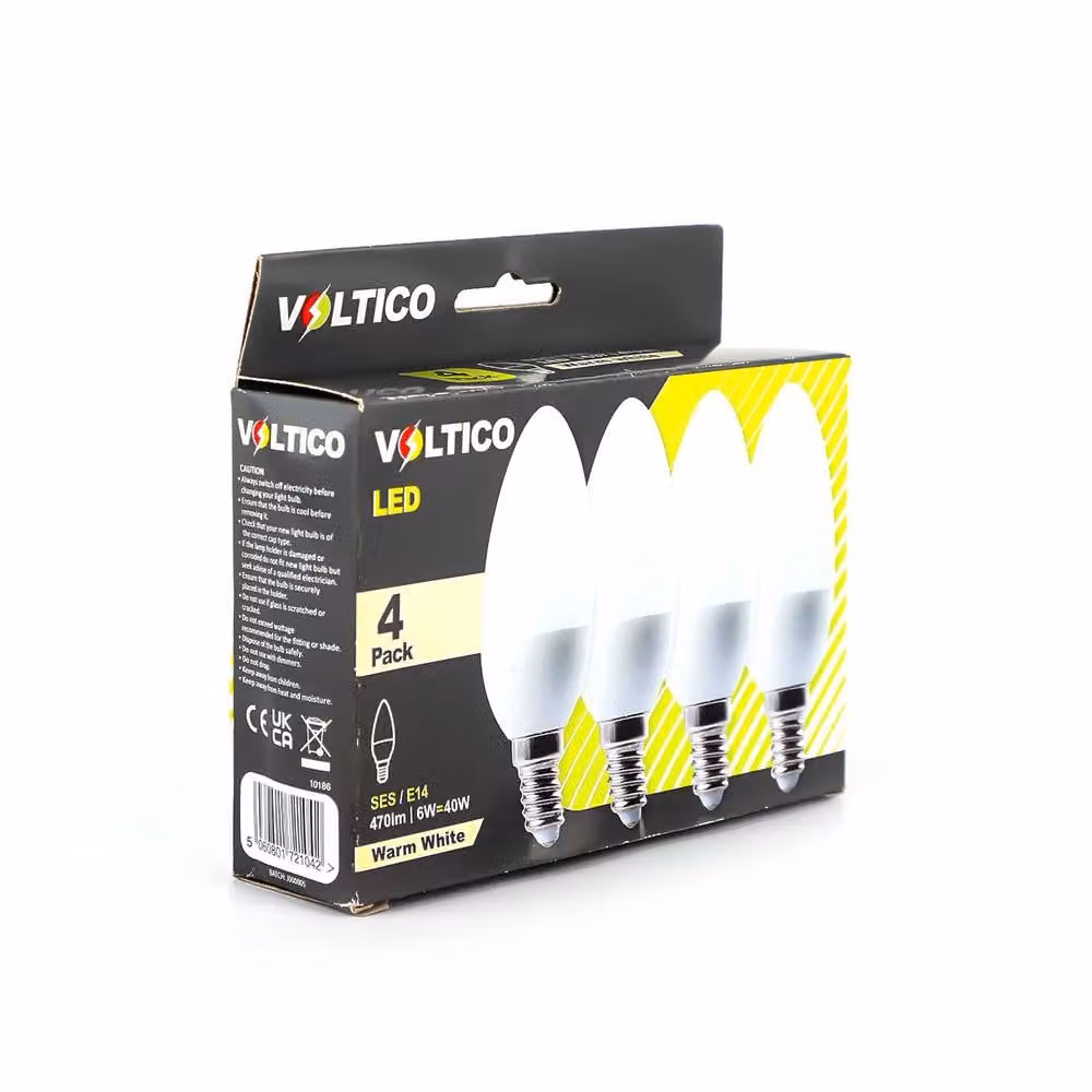 Voltico 6W E14 LED Candle Bulb Set, 4-Pack, Warm White