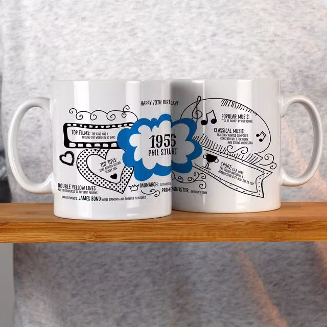 Afewhometruths Personalised 70th Birthday 1956 Milestone Mug in Blue and White