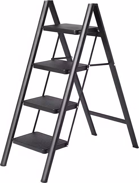 Gr8 Home 4 Step Folding Ladder in Black Steel with Non-Slip Rubber Feet