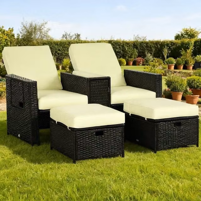 ERGOVEXA 5-Piece Black Polyrattan Sun Lounger Set with 5-Level Adjustable Headrest for Outdoor Garden Use