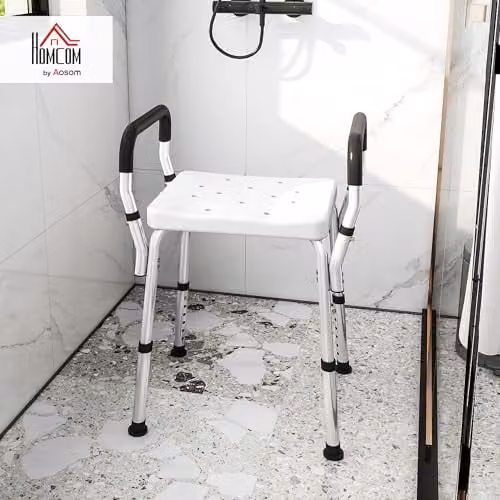 HOMCOM Non-Slip Portable Shower Stool with Adjustable Height and Drainage Seat in White – 2