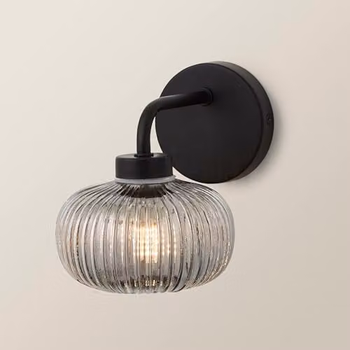 ValueLights Amaia Matte Black IP44 Rated Single Smoked Ribbed Glass Wall Light – 1