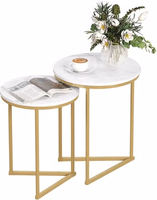 HOMCOM Set of 2 Modern Nesting Coffee Tables with White Glossy Composite Tops and Gold Tone Metal Frames