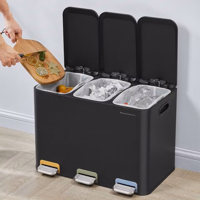SONGMICS 3 Compartment Recycling Bin with Colour-Coded Pedals and Soft-Close Lids, Black