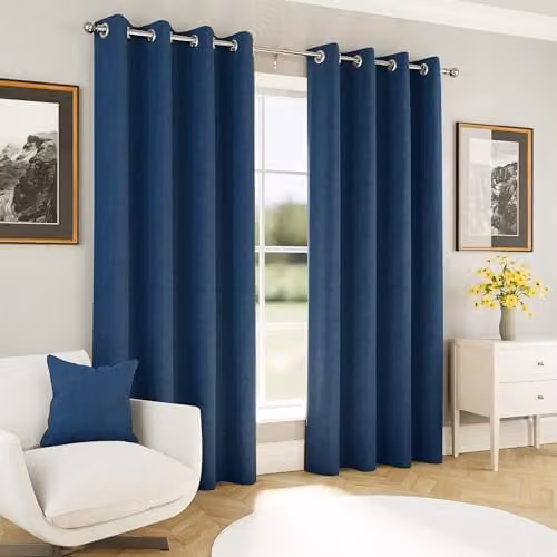 Enhanced Living Herringbone Jacquard Blackout Eyelet Curtains in Blue and Silver, W: 229 cm, D: 229 cm