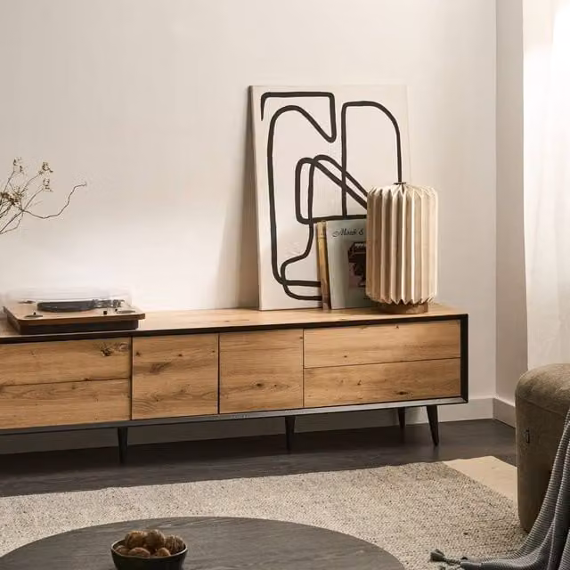 Wyld and Coco Industrial TV Stand in Light Brown MDF with 2 Doors, 4 Drawers and Metal Legs