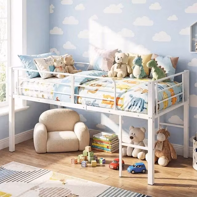 EONLION Single Metal Loft Bed Frame in White