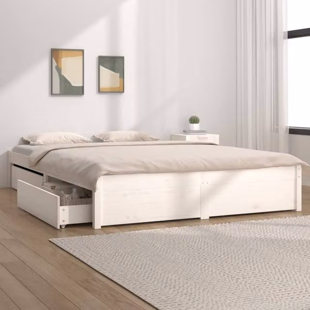 Berkfield Home White Solid Pine Bed Frame with Drawers W: 140 cm, D: 200 cm