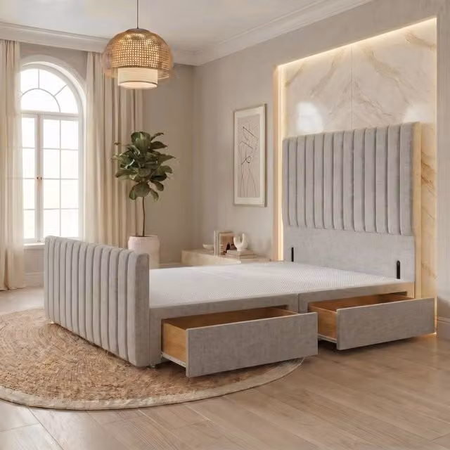 Somnior Eleanor Linen Divan Base with 2 Drawers, 54 inch Headboard and 22 inch Footboard, Grey, W/D/H: 140 x 200 cm
