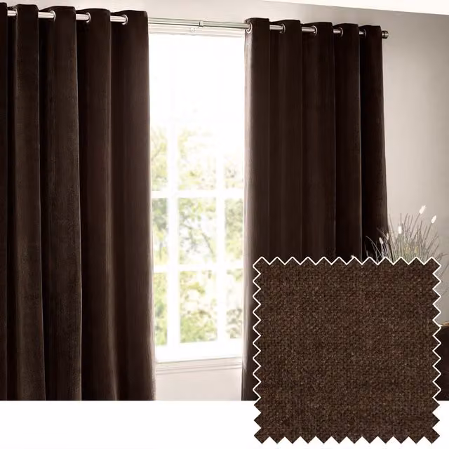 Make It A Home Brown Chenille Velvet Room Darkening Eyelet Curtains, Width: 229 cm