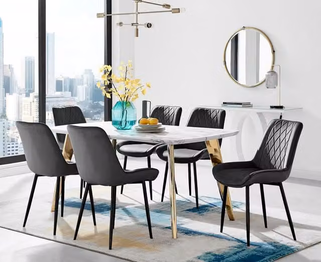 FurnitureboxUK Andria Gold Leg Marble Effect Dining Table and 6 Pesaro Black Leg Chairs in Black and Gold