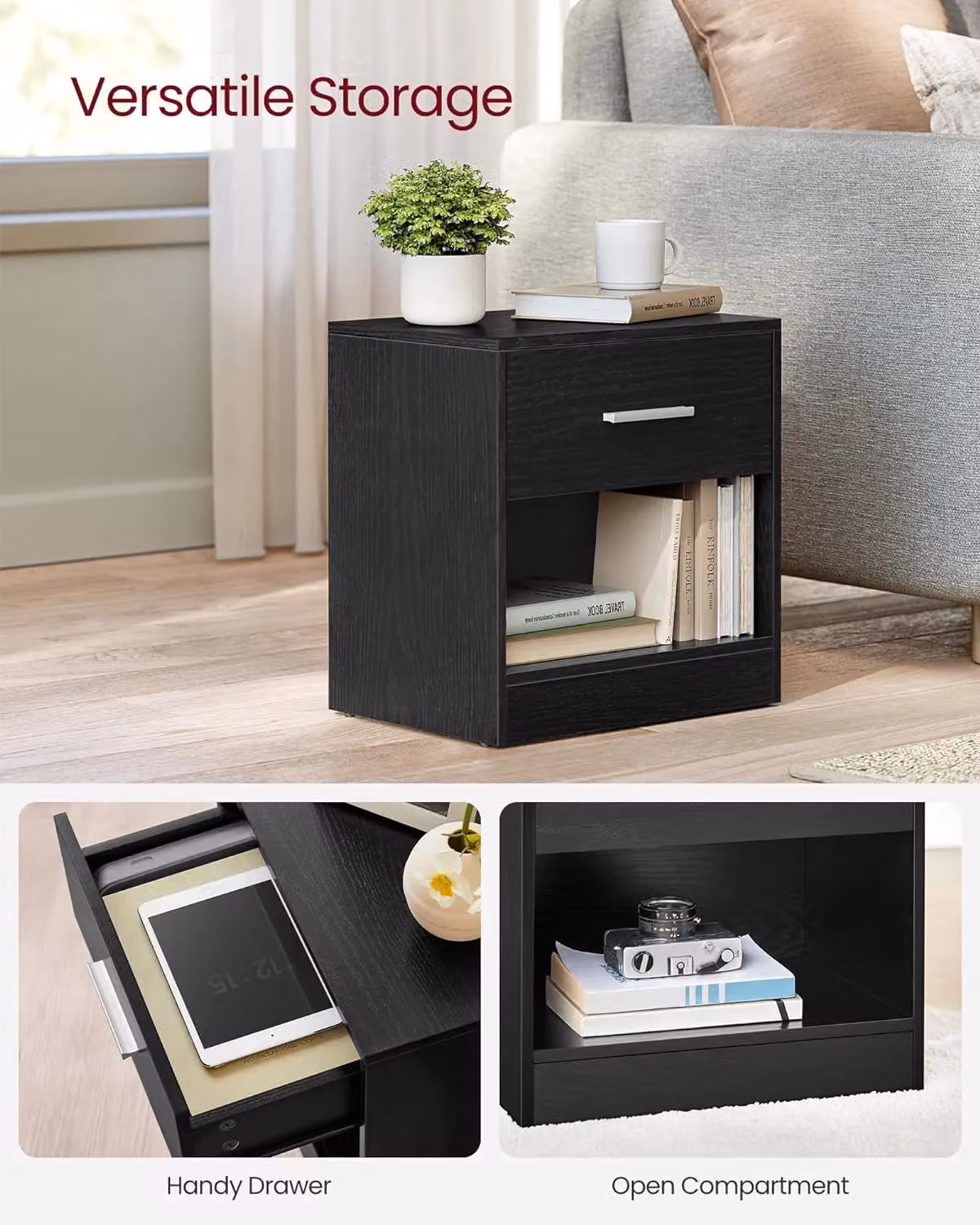 VASAGLE Black Bedside Table with Drawer and Open Compartment – 3
