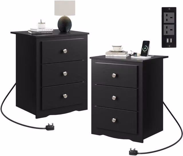 Rolipo Black 3 Drawer Bedside Table with Charging Station – 1