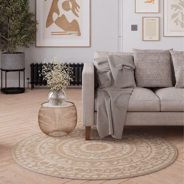 The Rug House Beige Round Boho Plain Loop Pile Rug