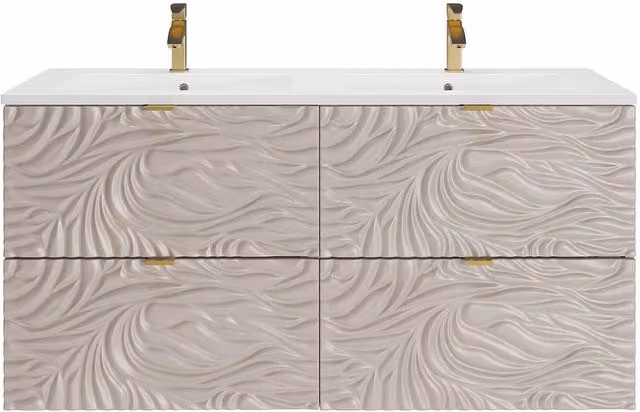 Vente-unique Modern Textured Wall-Mounted Bathroom Vanity Unit with Inset Basin and LED Lighting in Beige and White, W/D/H: 120 x 46 x 60 cm – 1