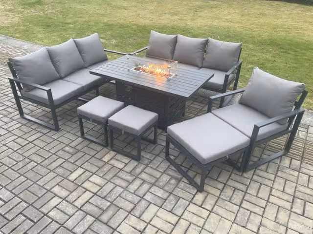 Fimous 10 Seater Aluminium Garden Furniture Set with Gas Fire Pit Dining Table, Cushions and 3 Footstools in Dark Grey