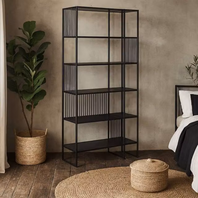Wyld Haus Porto Tall Metal Shelving Unit with Stone Effect Shelves, Black Frame – 1