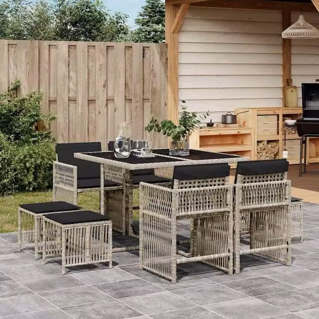 Berkfield Home 9 Piece Garden Dining Set with Light Grey Poly Rattan Cushions – 1