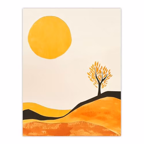Artery8 Lone Tree Orange Vibrant Abstract Boho Landscape Wall Art Paper Poster Print, 18 x 24 inch
