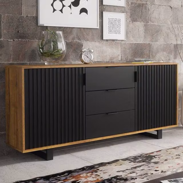 Mex Furniture LTD Blackridge Sideboard in Dark Oak and Dark Brown with Black Fluted Doors and Drawer, W: 140 cm, H: 75 cm, D: 35 cm – 1