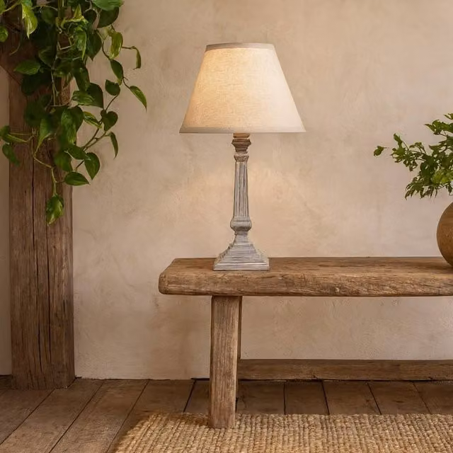Wyld Haus Collioure White Washed Wooden Pedestal Table Lamp with Grey Linen Shade, Height: 25.4 cm – 1