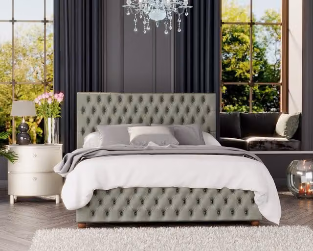 Aspire Laurence Llewelyn-Bowen Seren Grey Velvet Fabric Chesterfield Ottoman Bed with Lift Up Base
