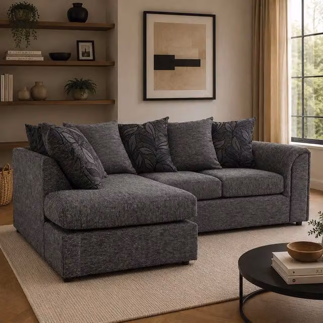 Furnishings For Less UK Byron Dundee Chenille Fabric 3 to 4 Seater L Shaped Corner Sofa in Grey, Left Hand Facing