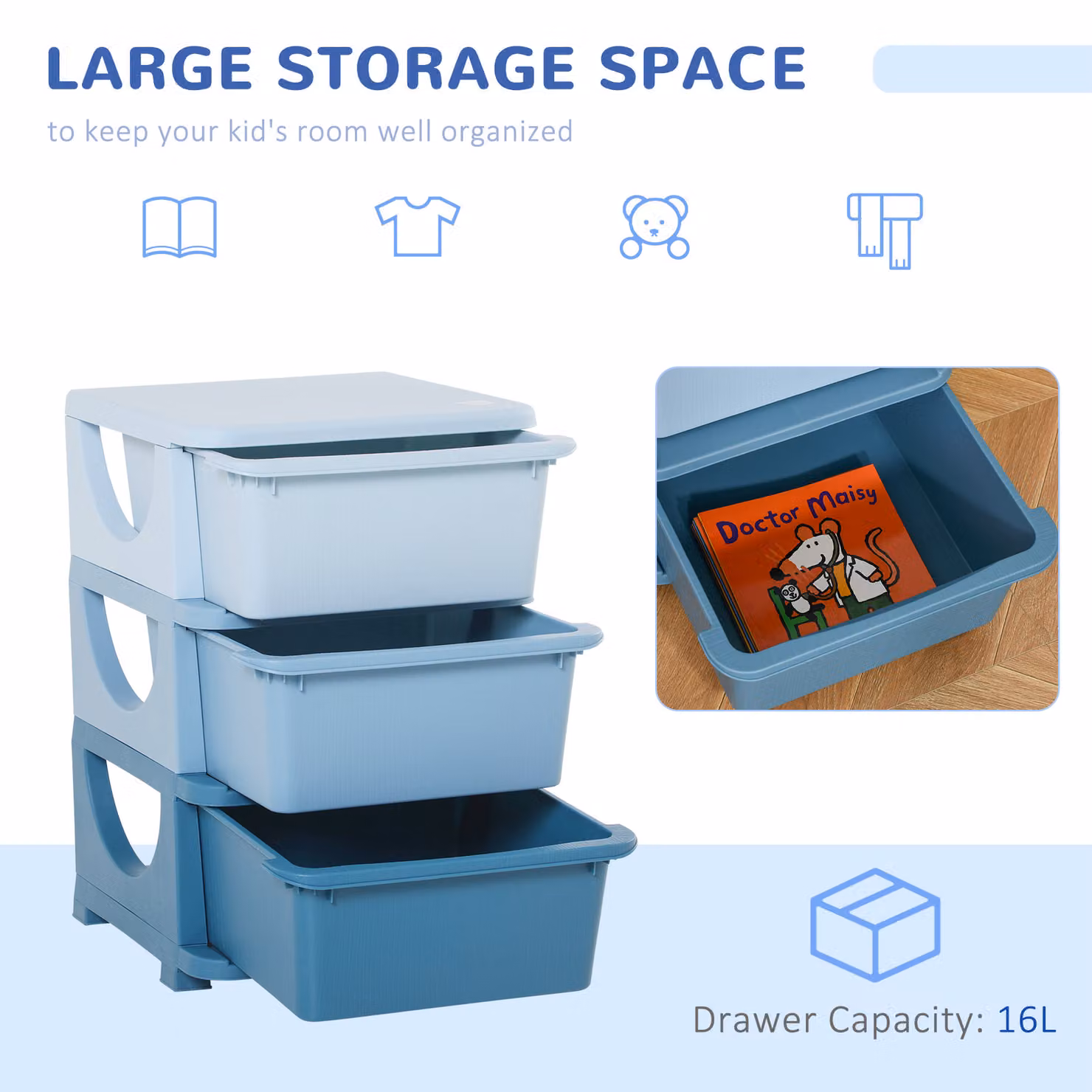 HOMCOM 3-Tier Blue Toy Storage Box with Removable Plastic Bins for Childrens Bedrooms and Playrooms – 2