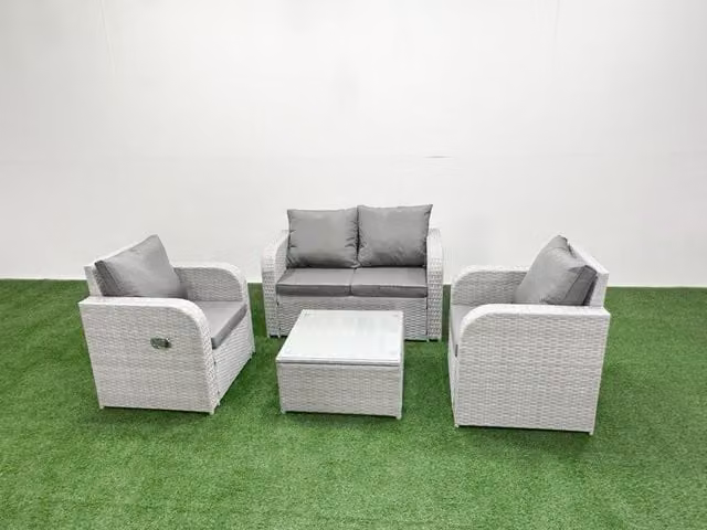 Fimous 4 Seater Grey PE Rattan Garden Furniture Set with Upholstered Cushions, 2 Seater Sofa, Lounge Armchair and Coffee Table
