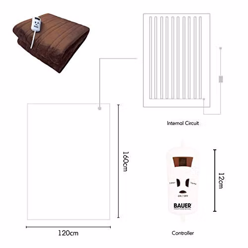 Bauer Professional Soft Fleece Electric Heated Throw Blanket in Brown, W: 120 cm, D: 160 cm – 5