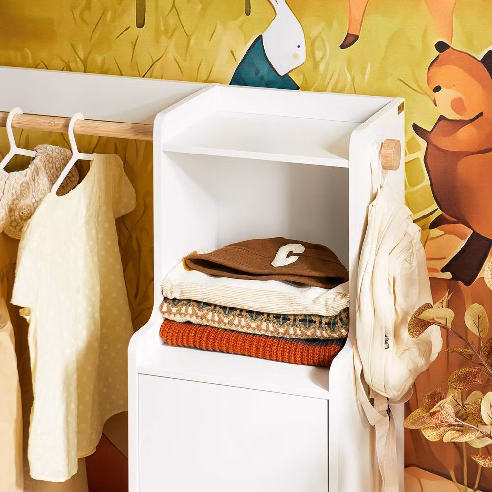 SoBuy Children's Wardrobe in White with Bamboo Hanging Rod and Internal Shelves – 5