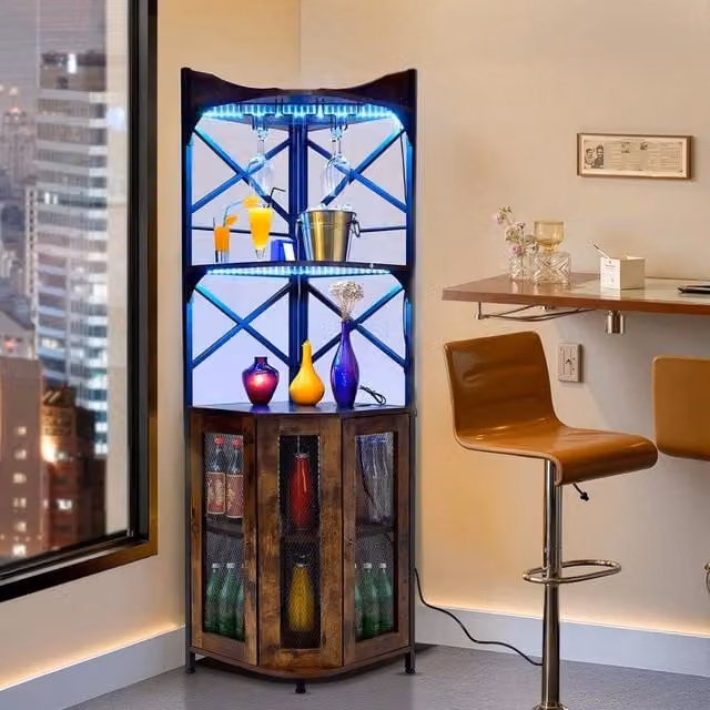 EONLION Brown 5-Tier Industrial Corner Wine Cabinet with Integrated Lighting and Glass Shelving, H 164.5 x W 100 x D 40 cm