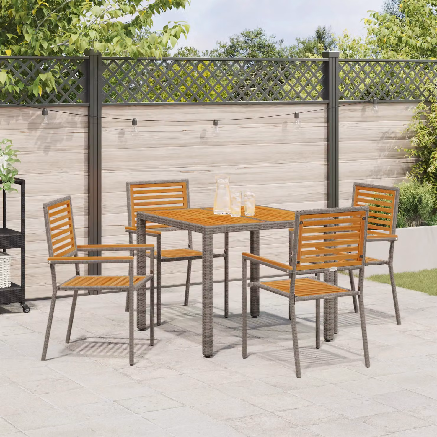 Berkfield Home 5 Piece Grey Poly Rattan and Acacia Wood Garden Dining Set – 3