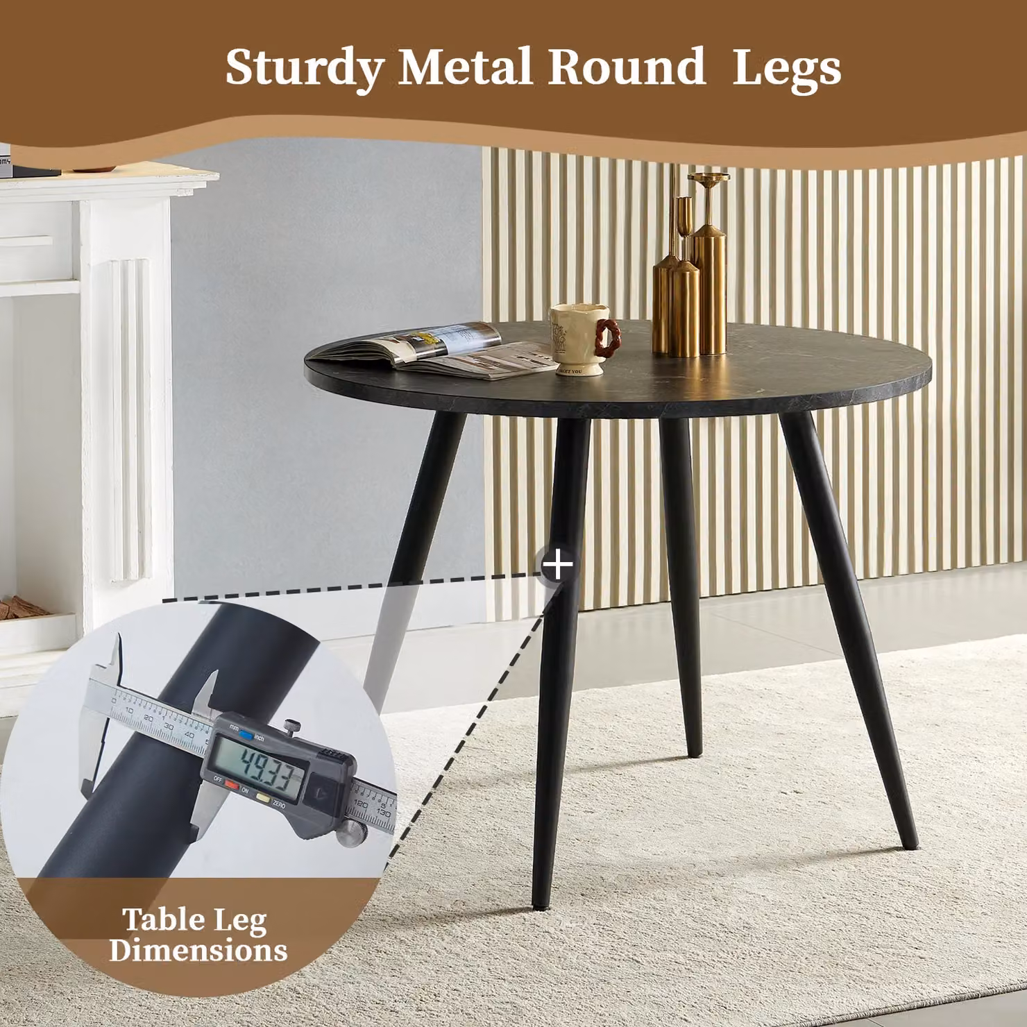 SONARA Round Dining Table with Black Marble Top and Metal Legs, Diameter: 100 cm, Height: 75 cm – 3