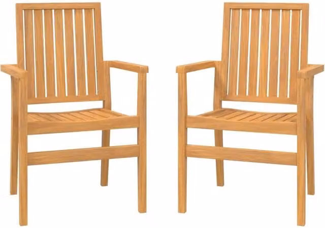 Berkfield Home Stackable Garden Chairs, 2 Piece Set, Solid Teak Wood in Brown, W/D/H: 56.5 x 57.5 x 91 cm