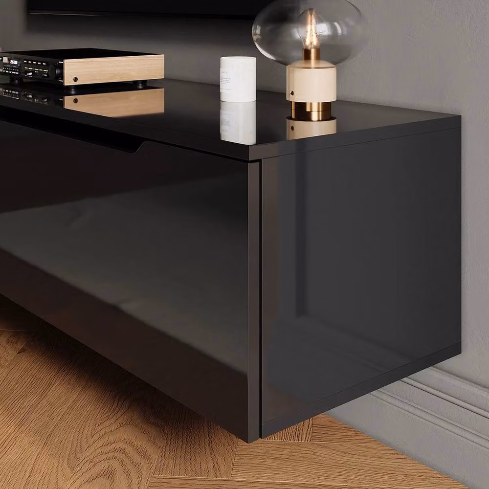 FORGEVIO Modern Black Glossy Floating TV Stand Unit with Integrated Lighting and Media Compartments – 3