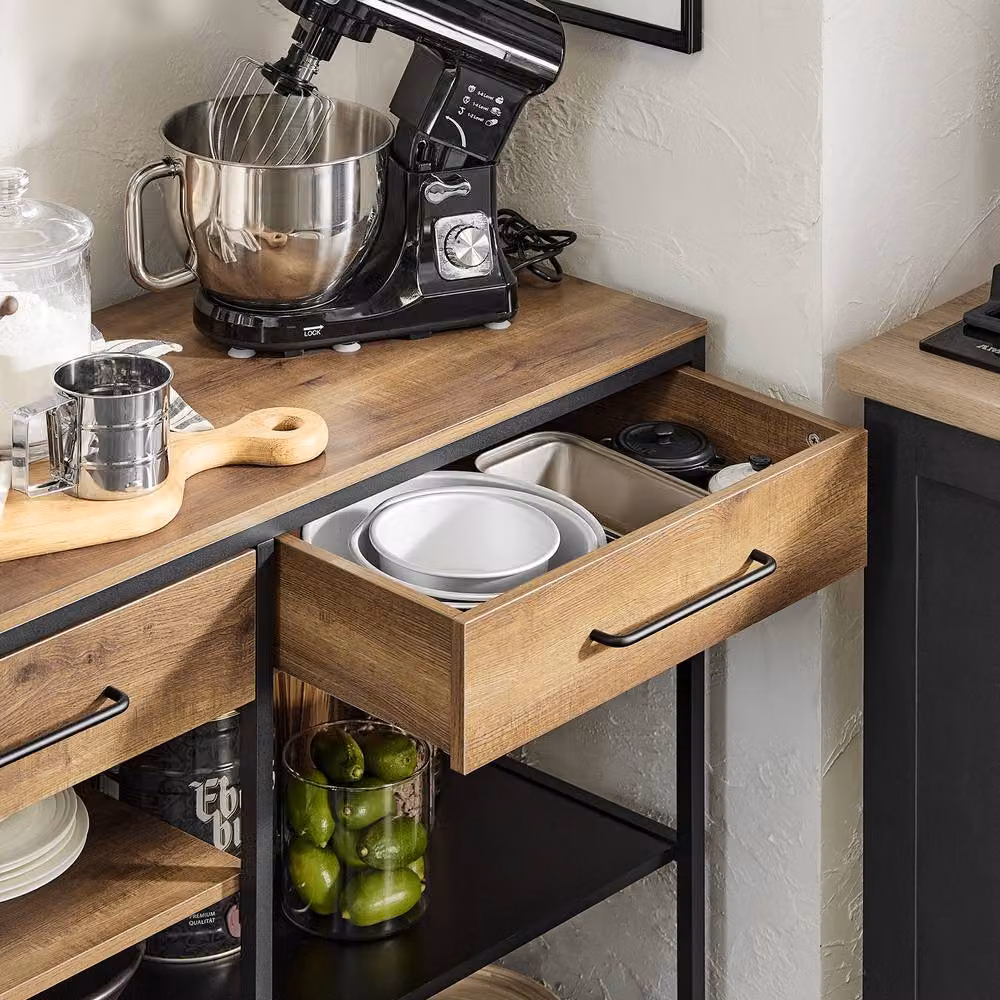 SoBuy Industrial Kitchen Island with Open Shelves and 2 Drawers, Brown and Black, W: 120.0 cm, D: 45.0 cm, H: 91.0 cm – 3
