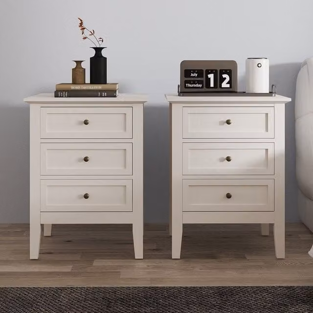 Melody Maison Rowley Pair of 3 Drawer Bedside Tables in Pale Cream and Beige – 1