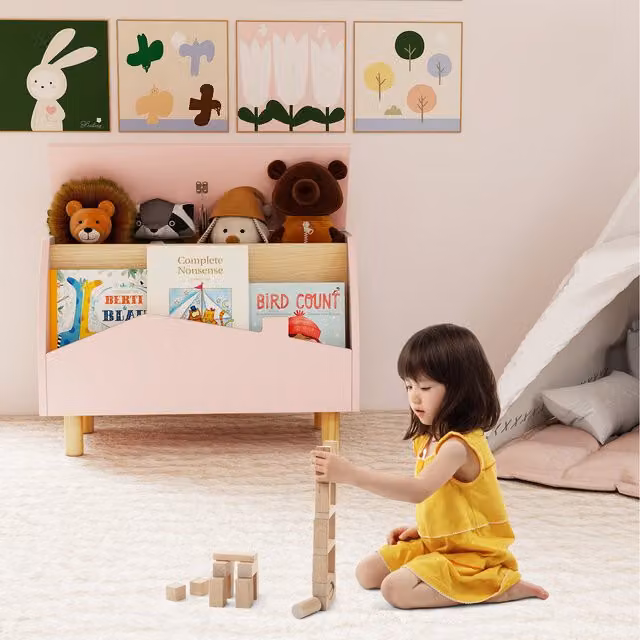 Costway Pink Childrens Toy Storage Chest and Bookcase