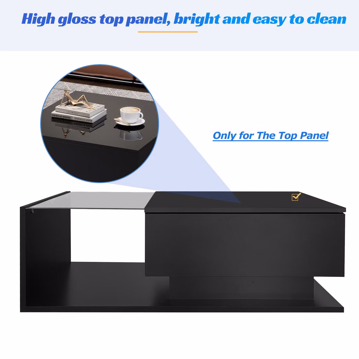 Aosom.UK High Gloss Black Coffee Table with Glass Top, Drawer and App-Controlled RGB Lights, W: 100 cm, D: 50 cm, H: 32 cm – 4